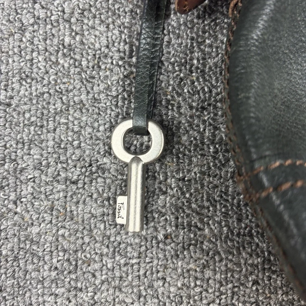 Fossil Black Brown Leather Hobo Shoulder Bag Braided Strap Key Charm